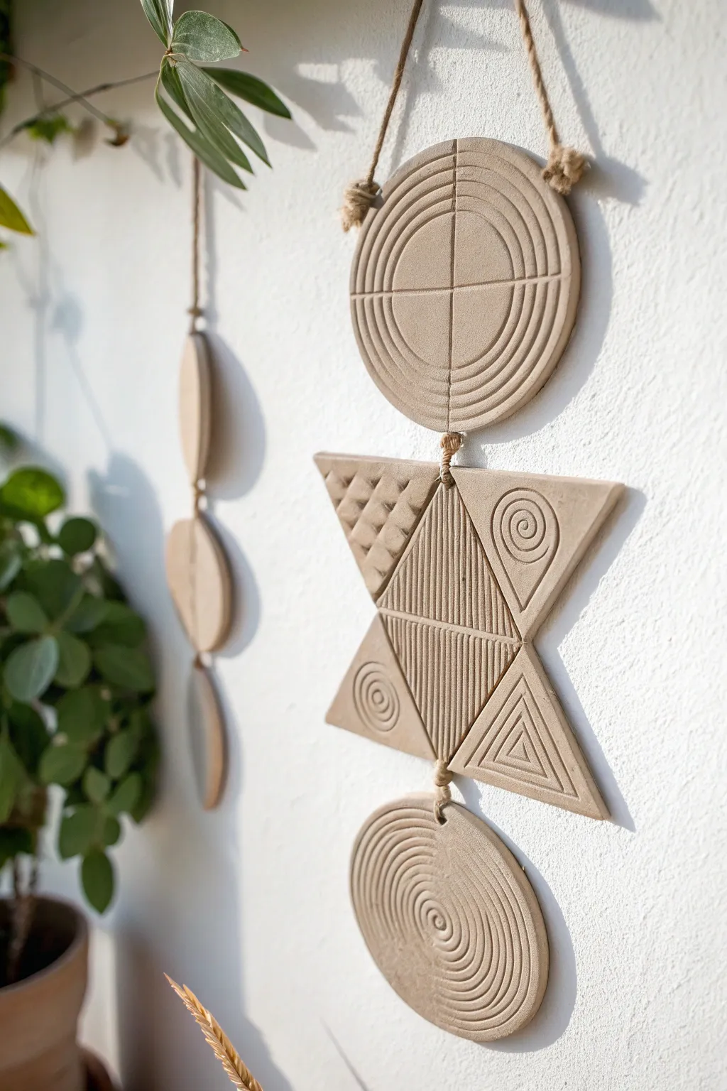 Elevate your space with the art of simplicity: Geometric clay wall decor for a minimalist touch.