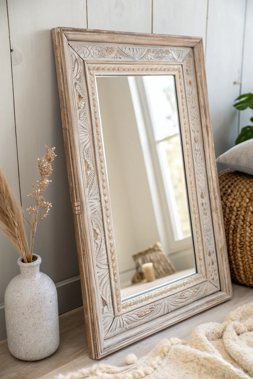 Transform your space with a touch of artistry: a vintage wood frame brings minimalist elegance to your mirror.