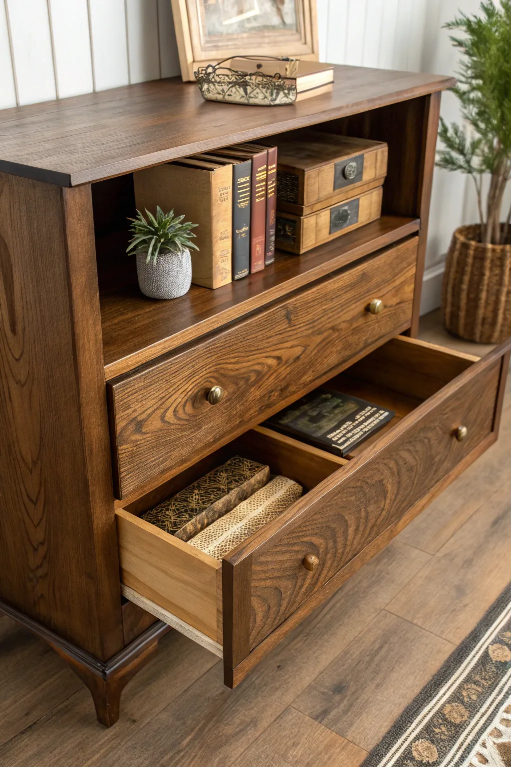 Elevate your space with artisanal charm: transform missing drawers into stylish open shelving.