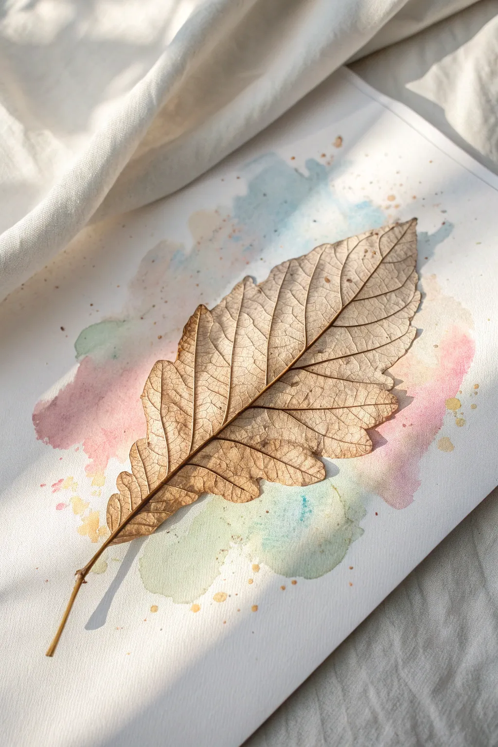 Embrace the beauty of nature with this delicate fusion of dried leaves and watercolor art.