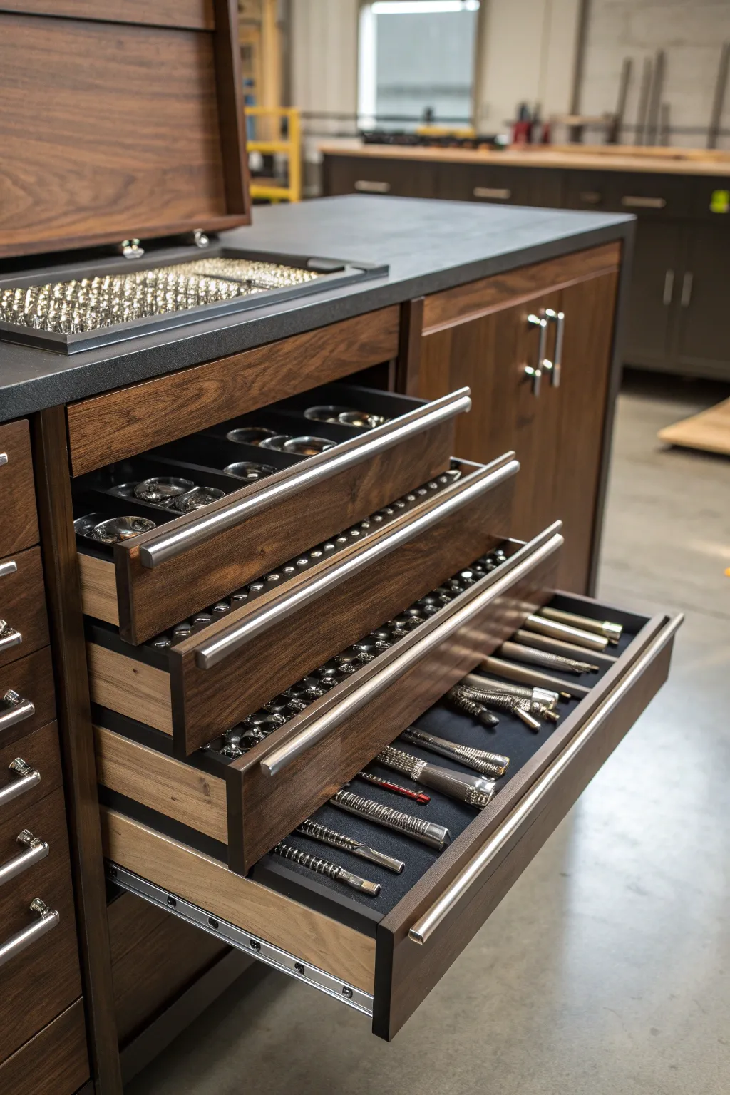 Maximize your workspace with stylish roll-out storage solutions. Perfect for the organized craftsman.