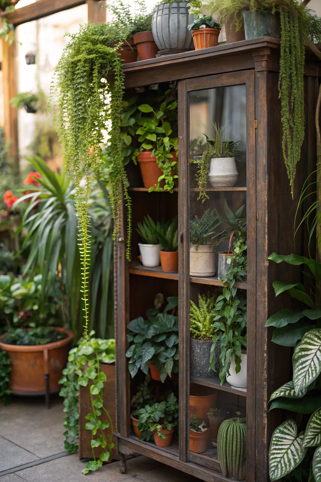 A beautifully styled armoire topped with lush greenery.