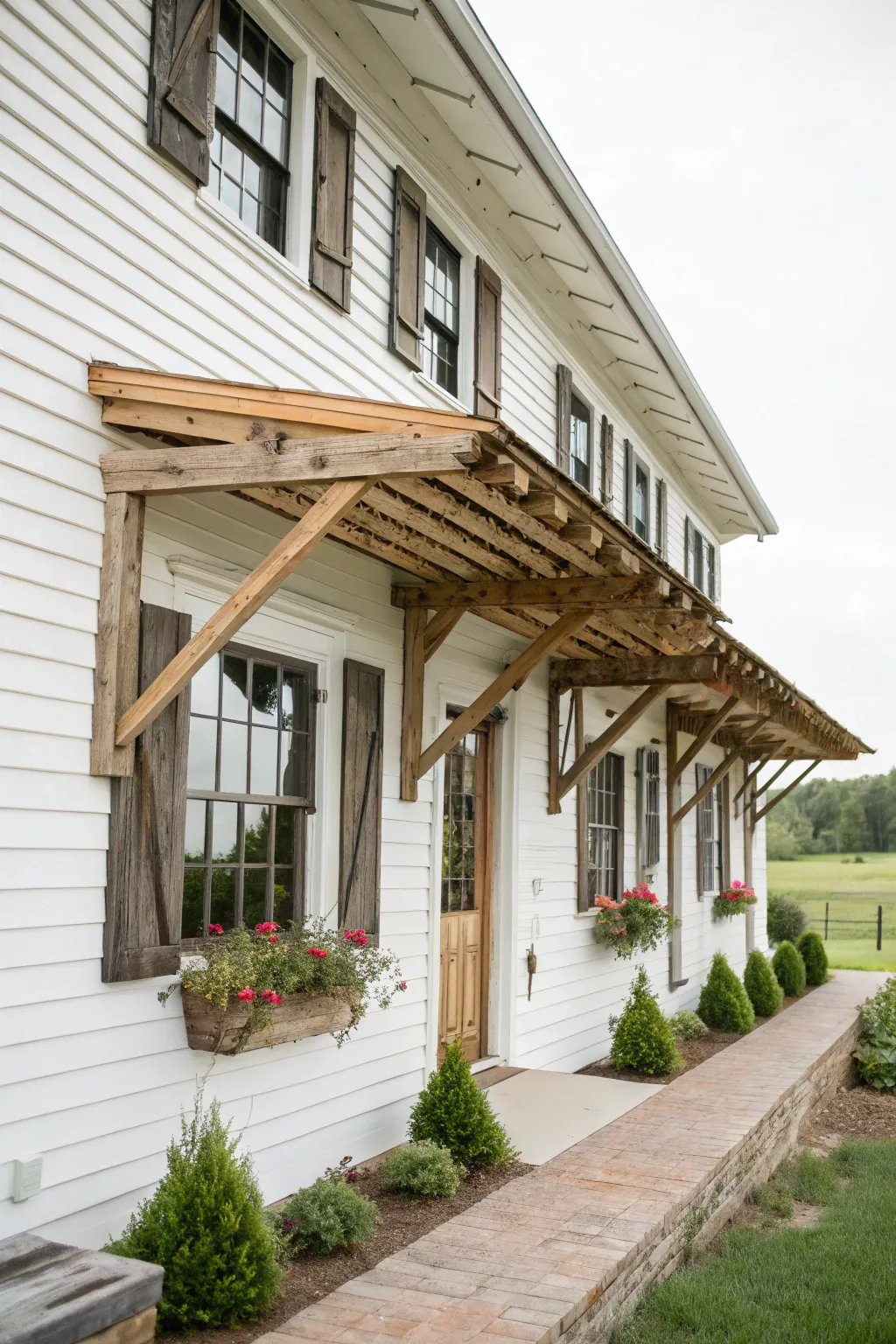 Charming rustic wood awnings add warmth and character to this modern farmhouse.