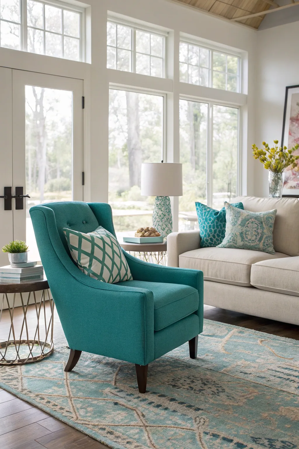 Teal accent chairs bring a fresh pop to a modern living room.