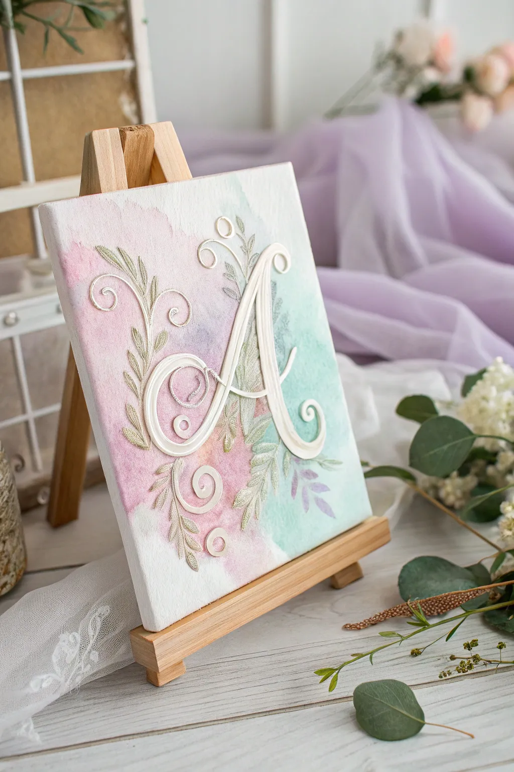 Transform your space with a touch of serene elegance: watercolor monogram art.