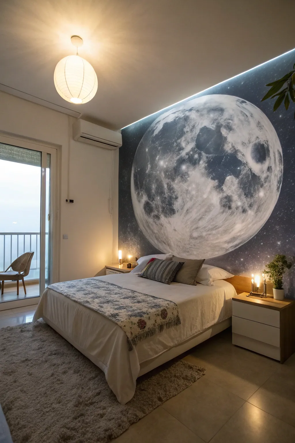 A dramatic moon mural transforms the wall into a celestial landscape.