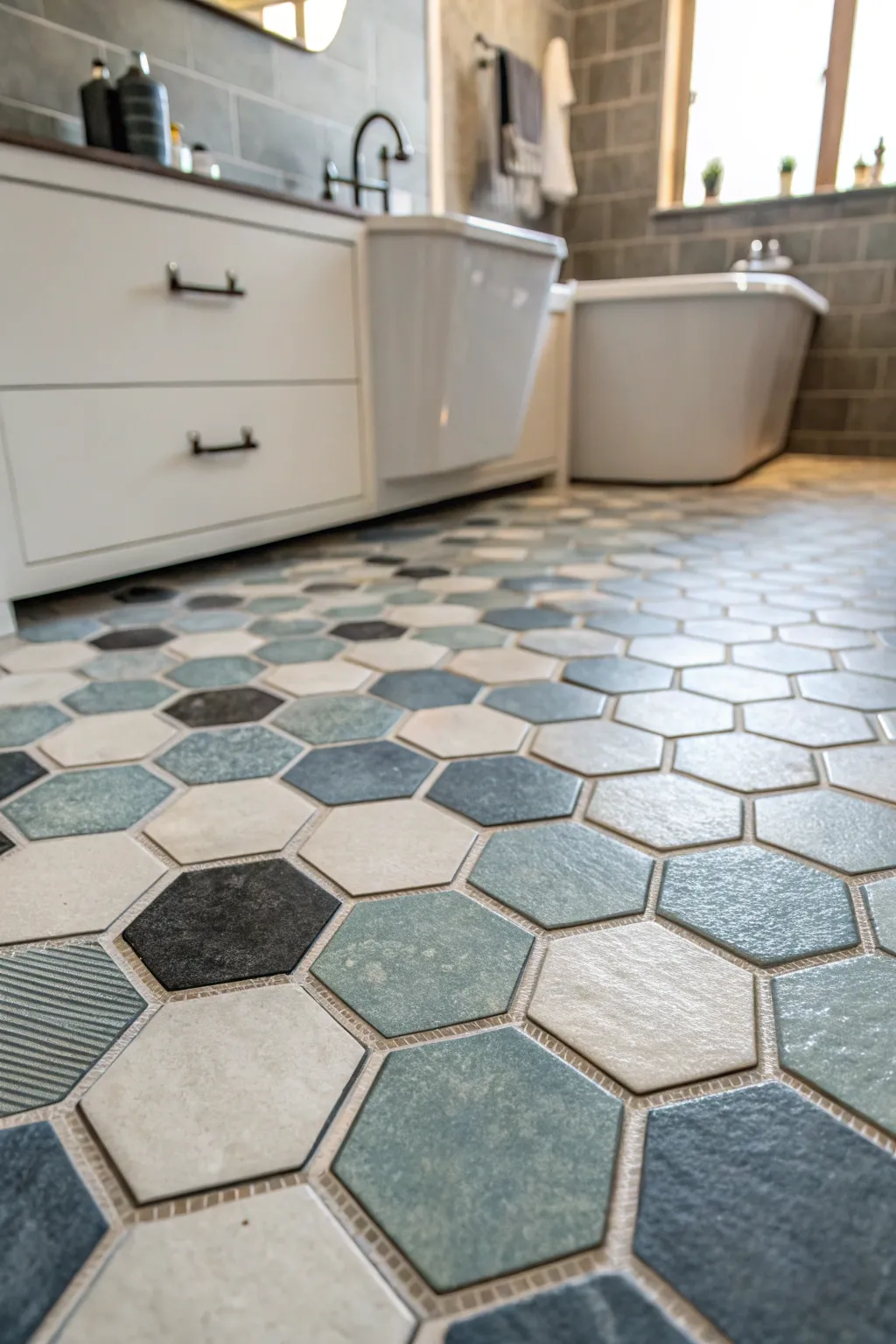 Hexagonal mosaic tiles creating a bold geometric pattern on the bathroom floor.