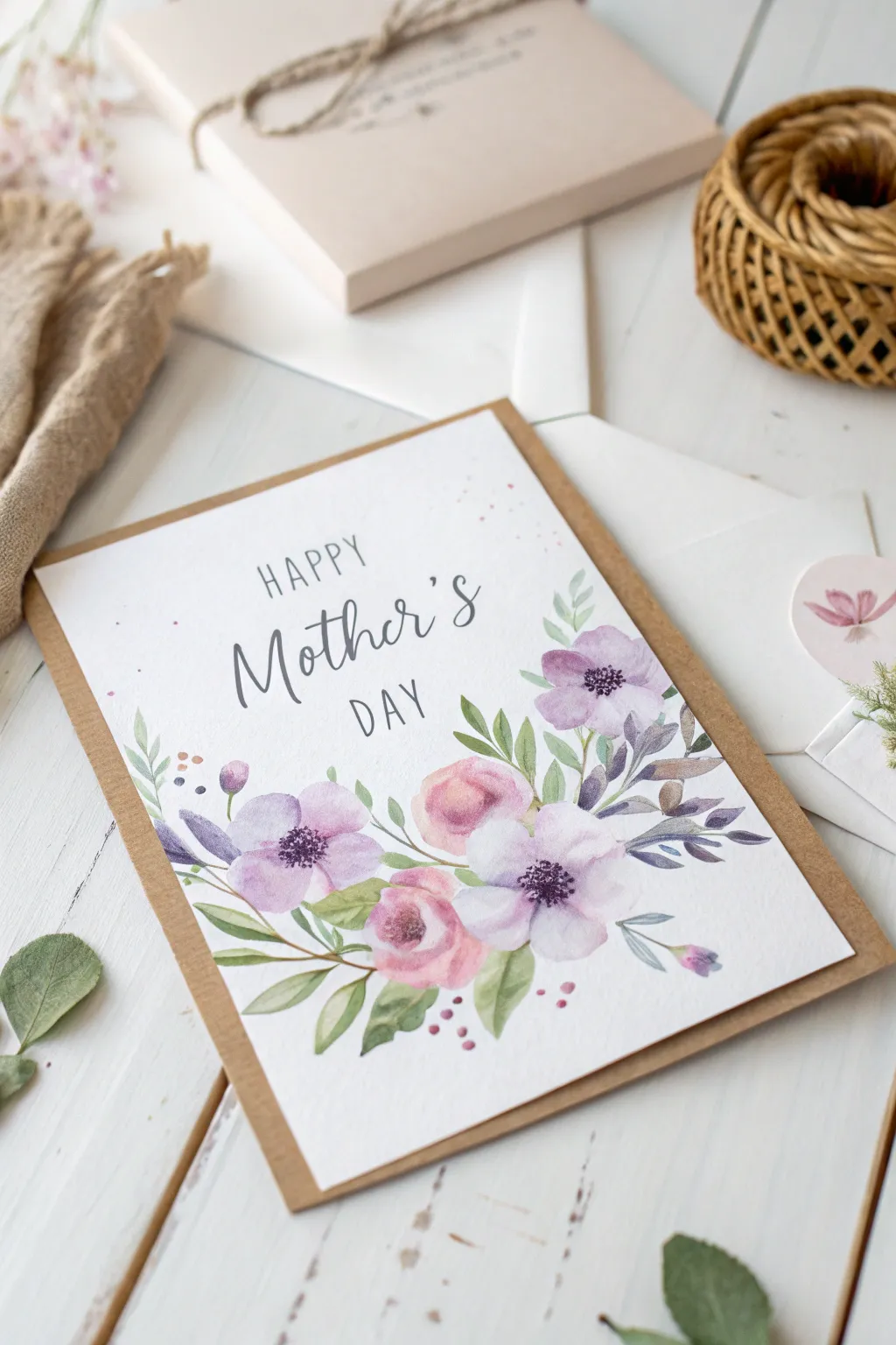 Elegance in Pastels: A Mother's Day card with a delicate watercolor floral design that captures the beauty of simplicity.