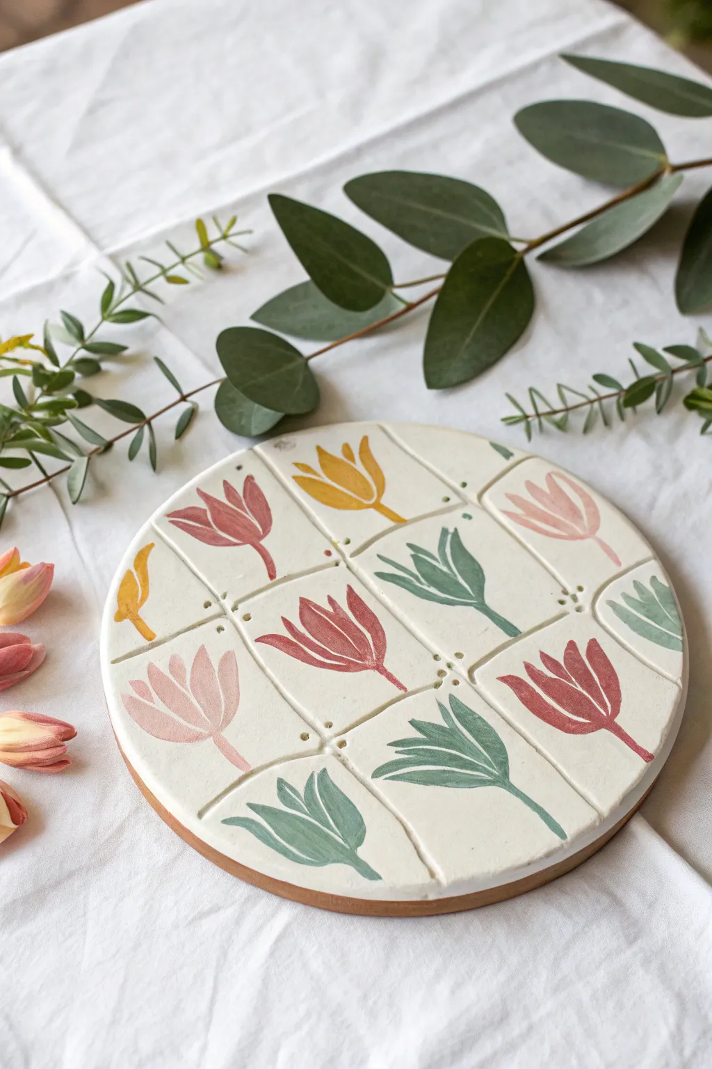 Capture memories with a touch of personal artistry: Handprint Tulip Trivets for Grandma.