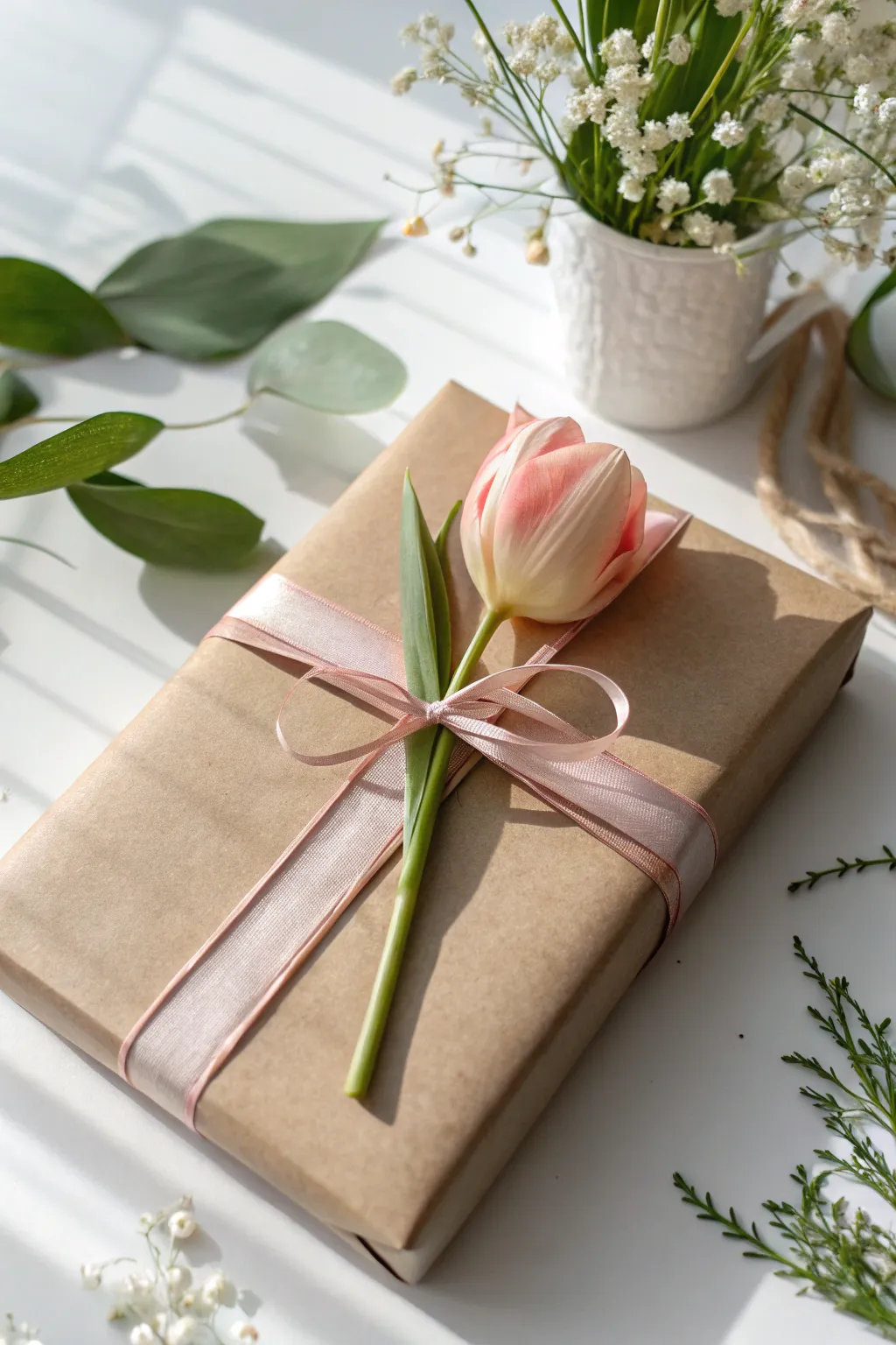 A touch of floral elegance: the perfect minimalist wrap for Mother's Day gifts.