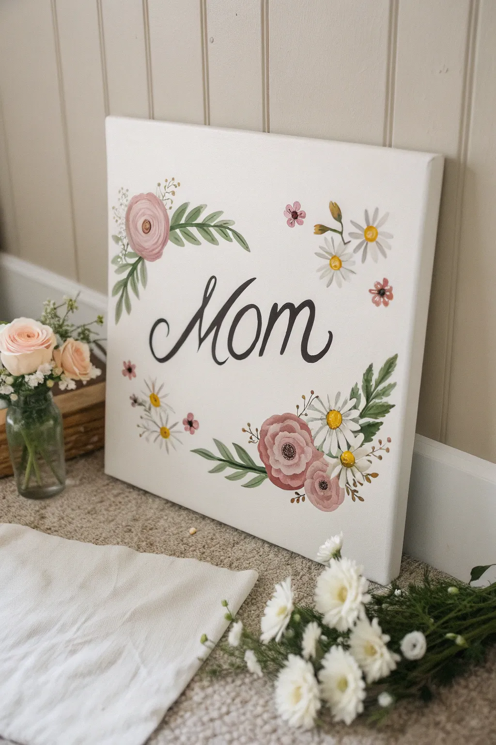 Celebrate Mother's Day with a touch of handmade beauty—delicate florals embrace 'MOM' in a minimalist masterpiece.