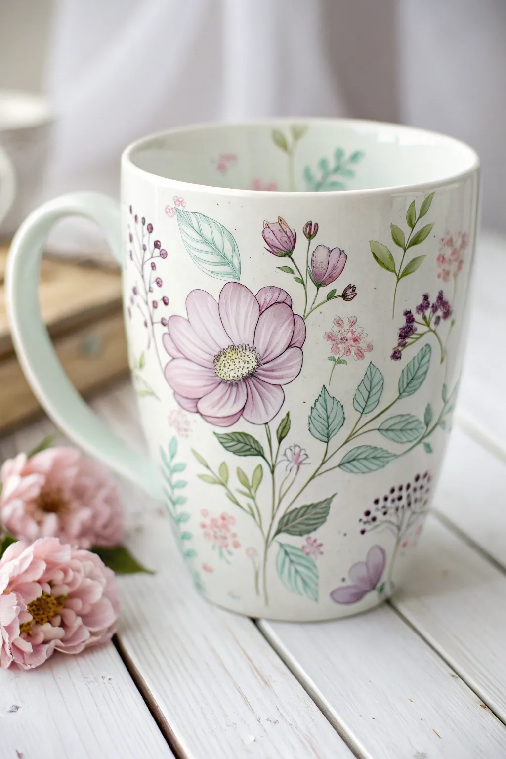 Embrace the subtle elegance of dainty floral artistry on your morning mug.