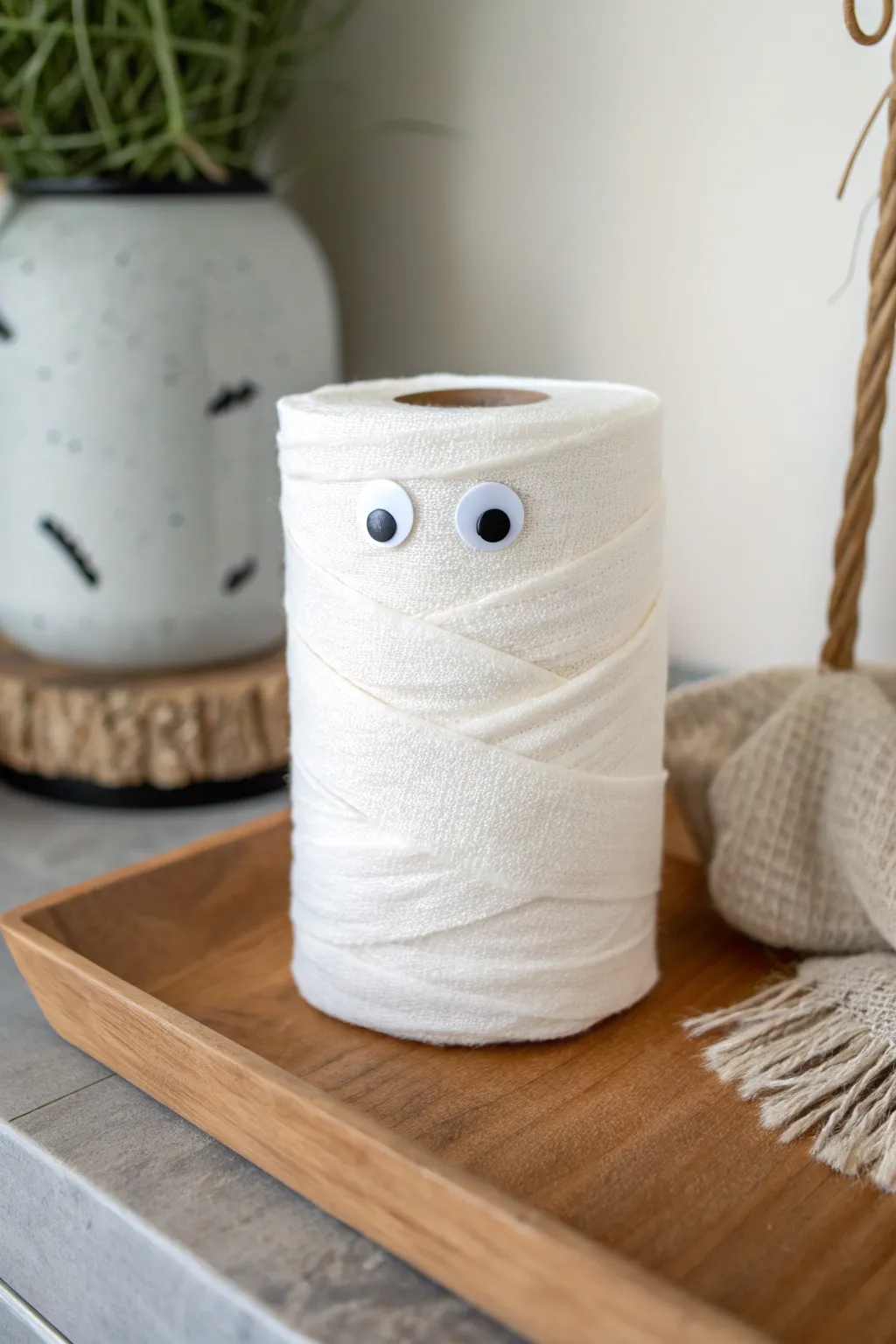 Craft your own charming Paper Roll Mummy for a touch of minimalist Halloween magic!