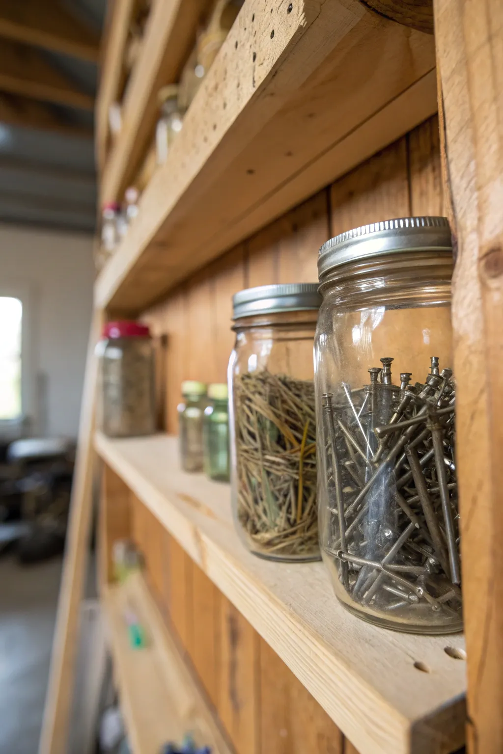 Elevate your workshop aesthetics with stylish mason jar storage.