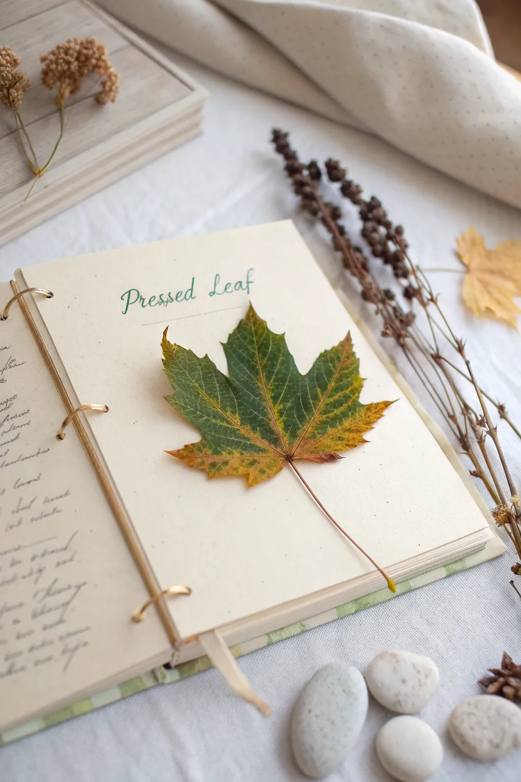 Capture nature's elegance with pressed leaf pages - a minimalist's dream.