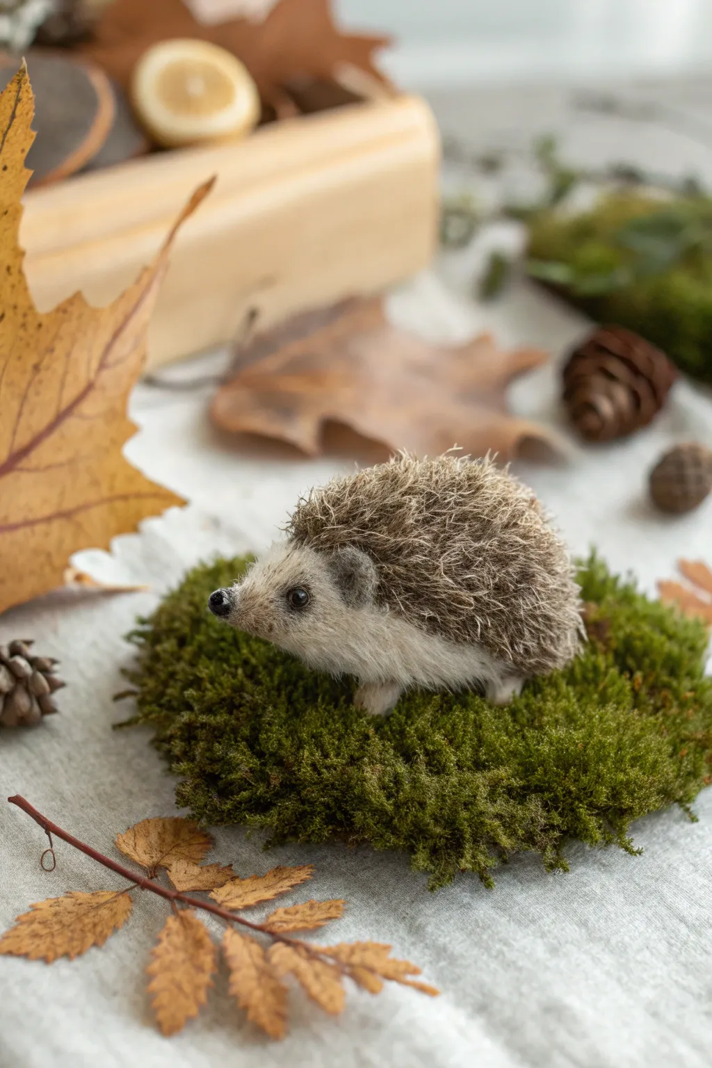 Crafted with love: A charming needle-felted hedgehog nestled in nature's embrace.