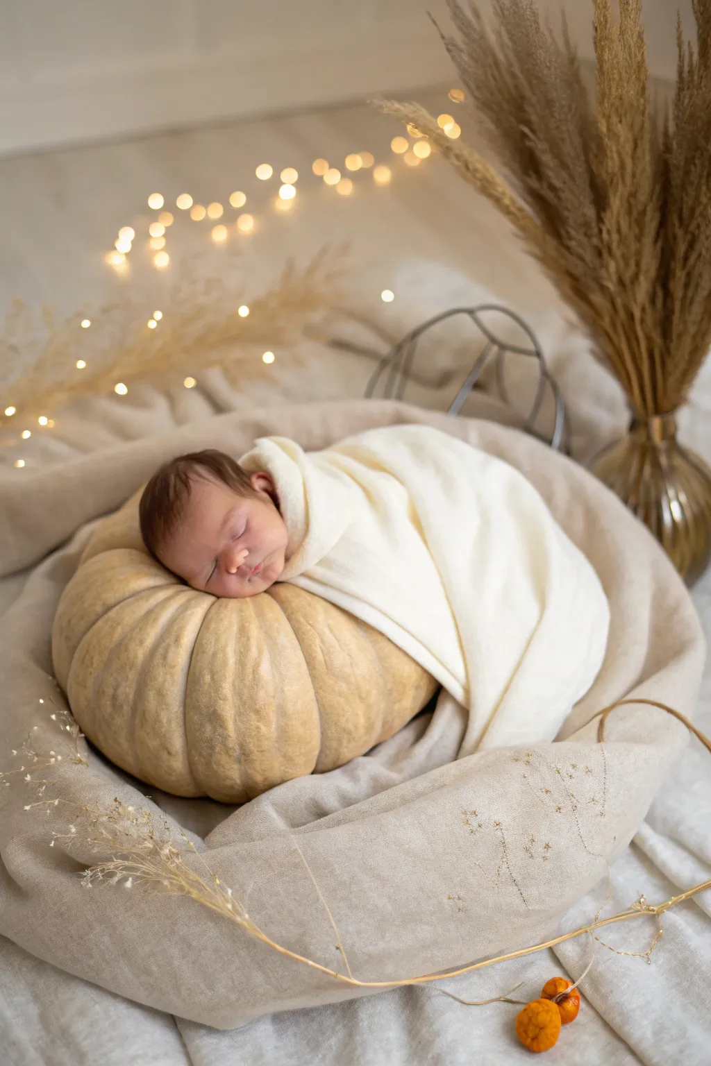 Pumpkin Baby Bliss: Capture the magic of your newborn's first Halloween with this adorable and timeless photoshoot idea.