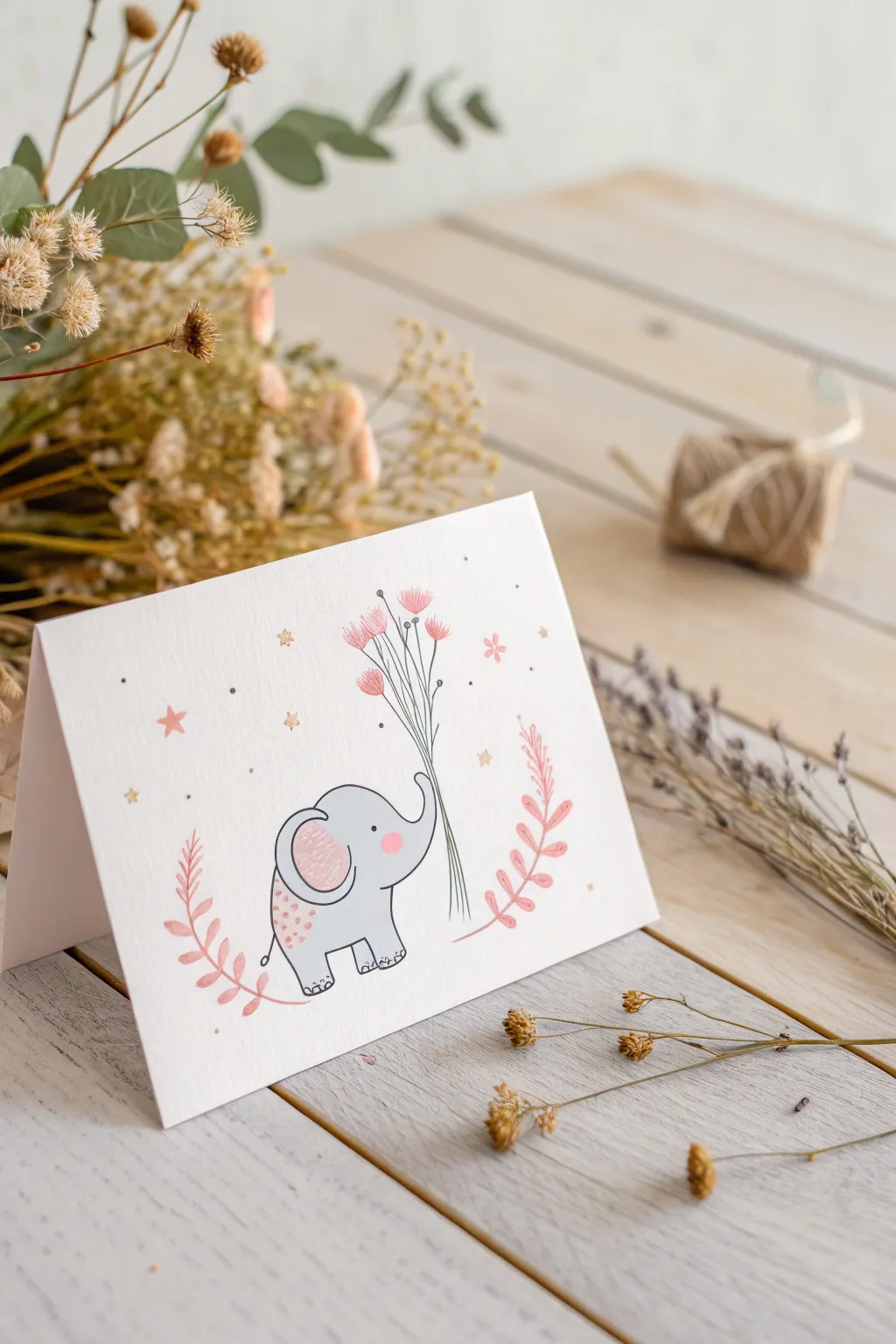 Charming minimalist note card with whimsical elephant design – perfect for bringing a touch of joy to any occasion.