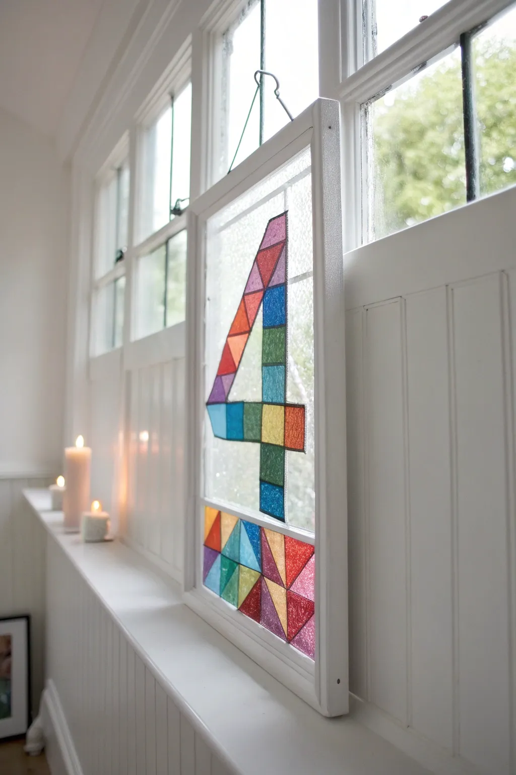Illuminate your space with the vibrant charm of a handcrafted stained glass number 4—where simplicity meets color in perfect harmony.