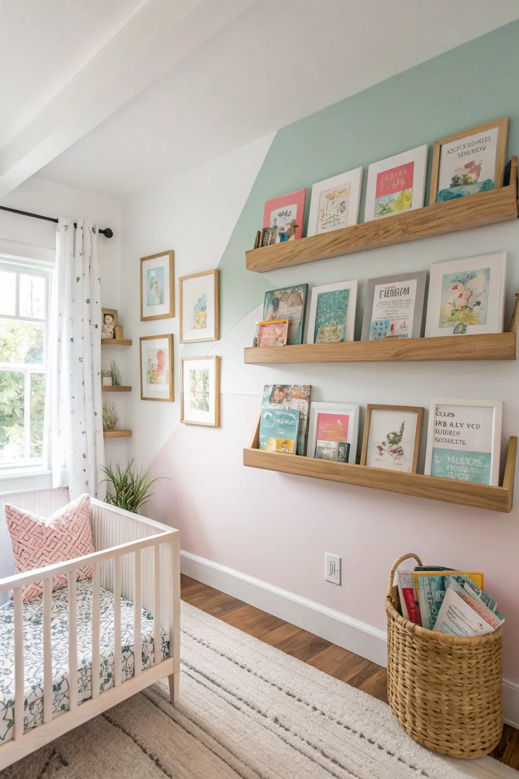 Floating shelves in a modern nursery, perfect for a clean aesthetic.