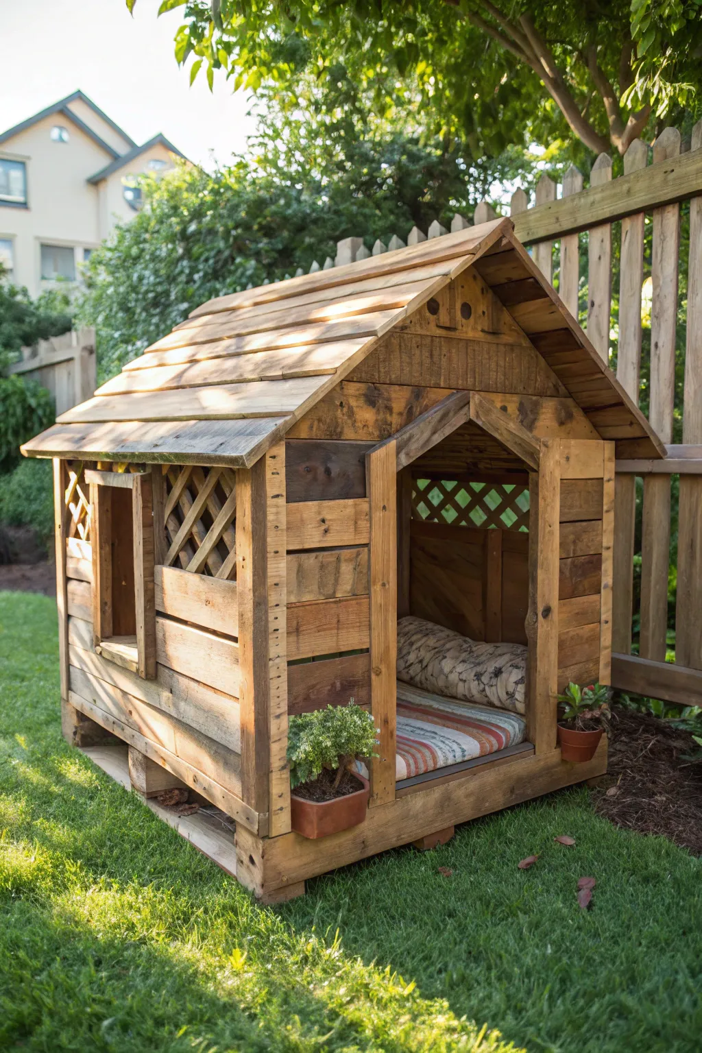 Elevate your pet's comfort with a rustic wooden pallet kennel, blending craftsmanship with eco-friendly design.