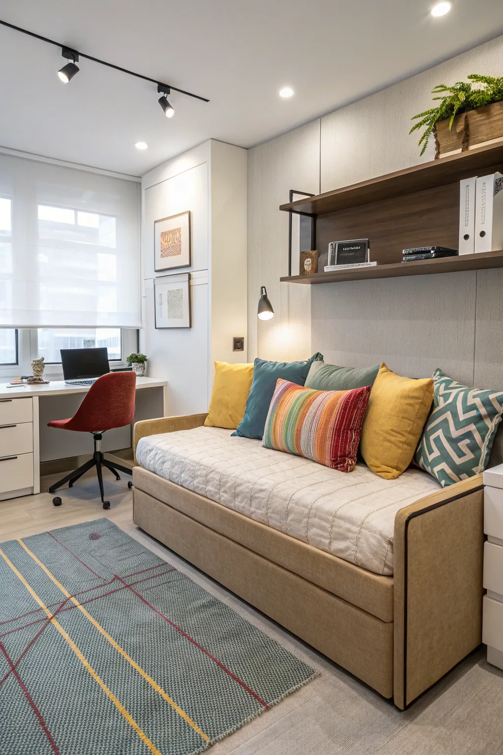 A sofa bed offers seamless transitions between work and rest.