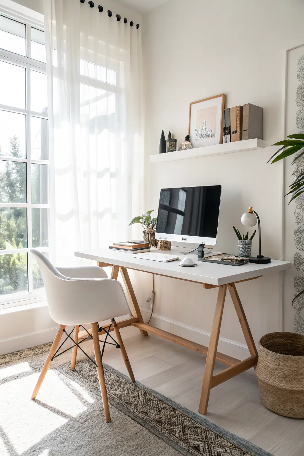 A minimalist home office with a sleek desk and bright natural light.