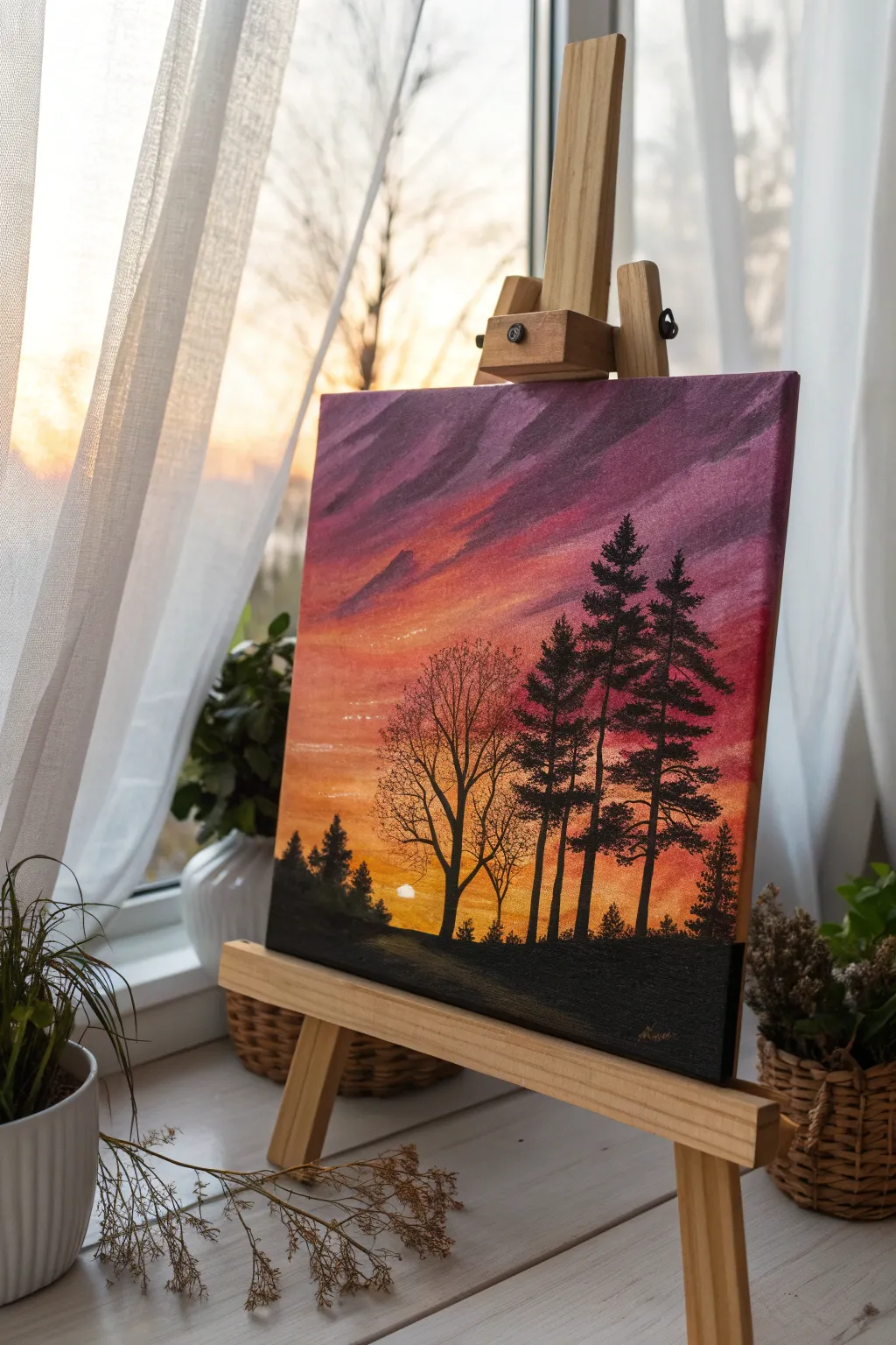 Embrace the serene beauty of sunset silhouettes with the rich textures of oil pastels.