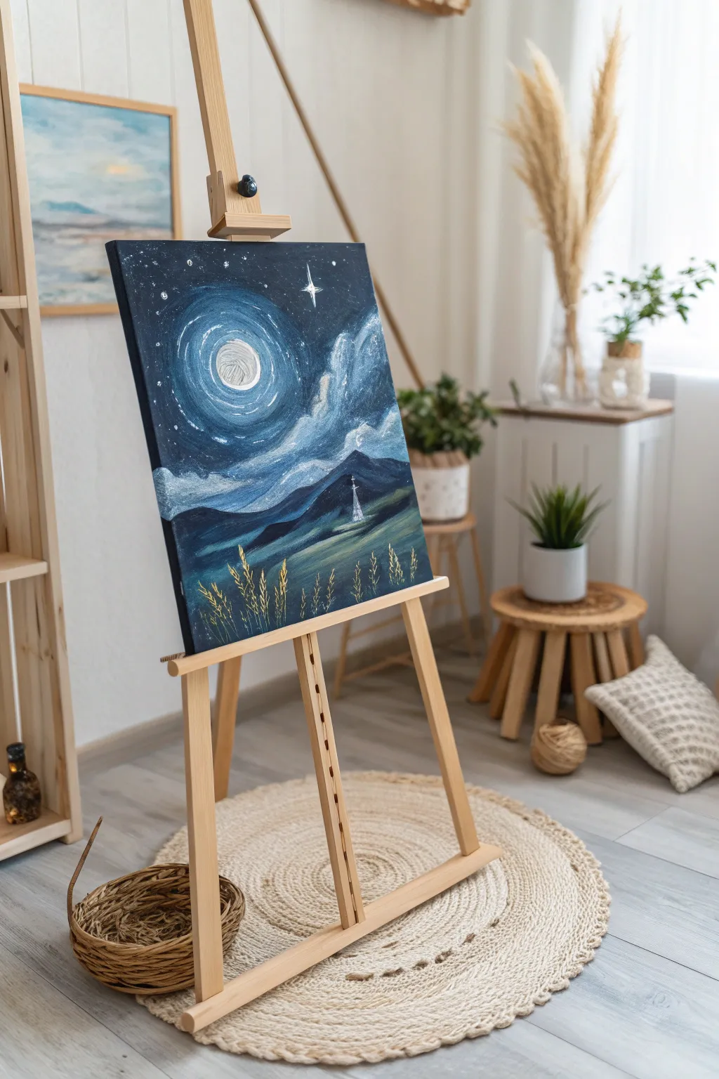 Explore the serenity of a celestial night sky with oil pastels, where deep blues meet luminous whites in a dance of stars and moonlight.