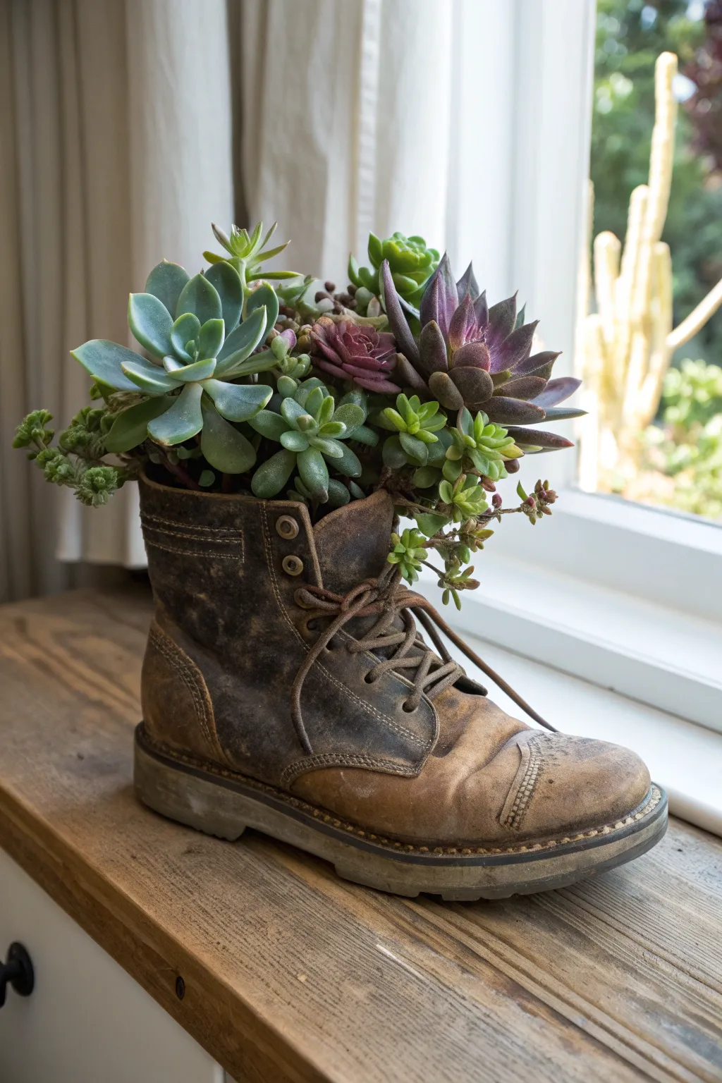 Transform vintage charm into natural beauty with a classic succulent boot planter.
