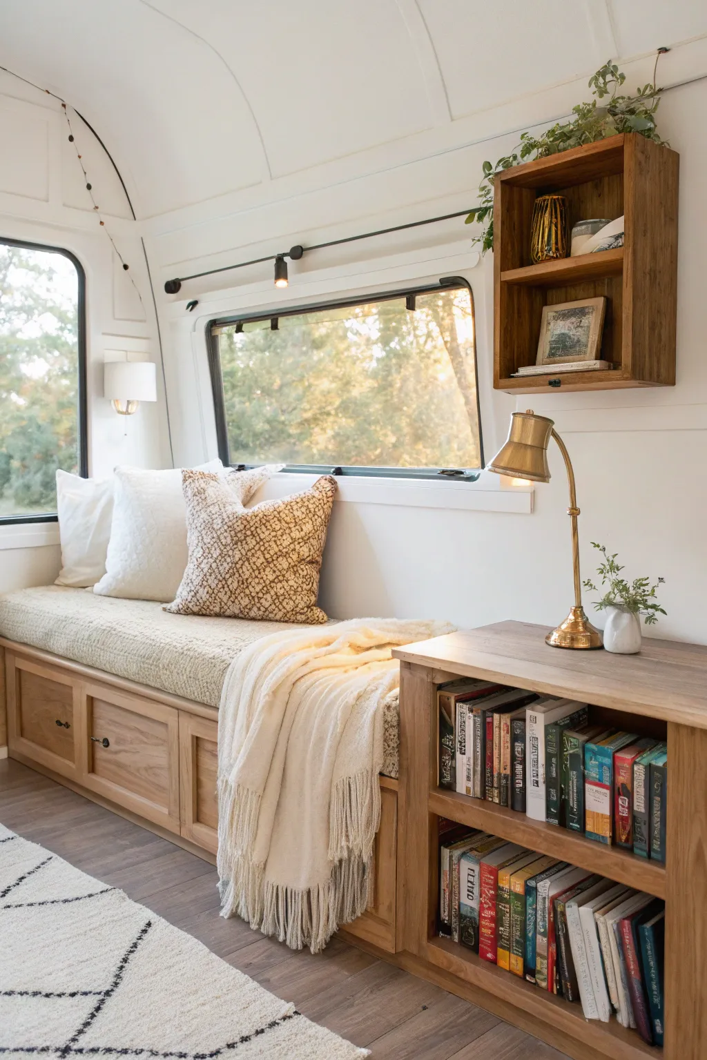 Transform your camper's corner into a serene reading nook, where simplicity meets boho charm for the perfect retreat.