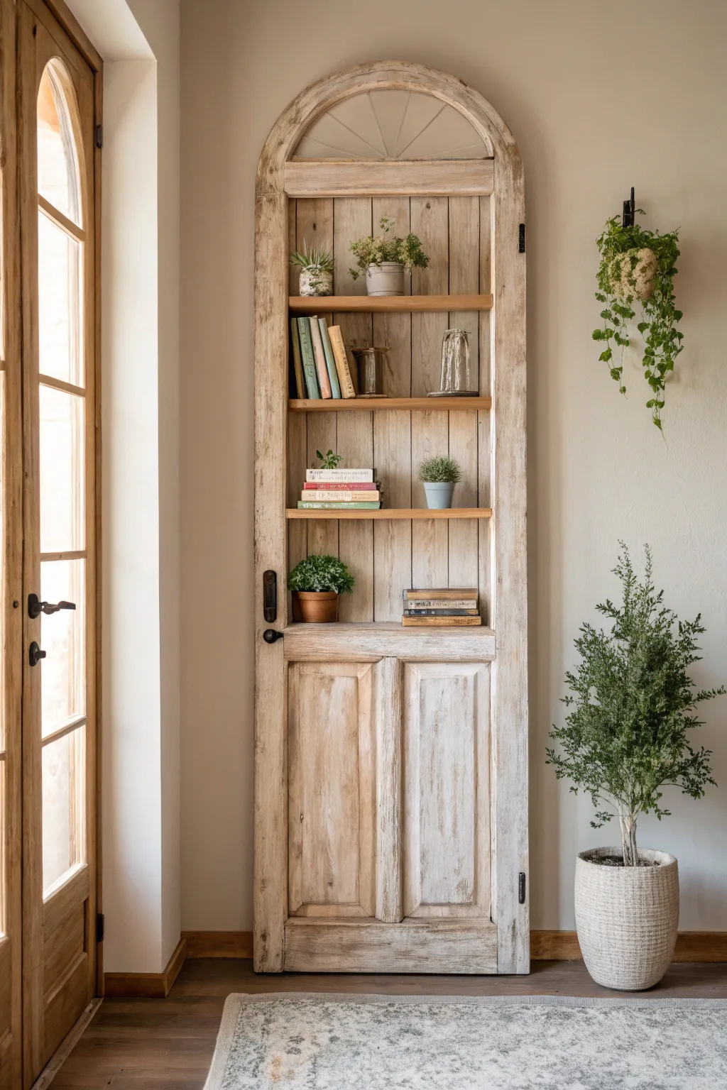 Breathe new life into your space with this charming door-turned-shelf, perfect for showcasing your favorite plants and reads.