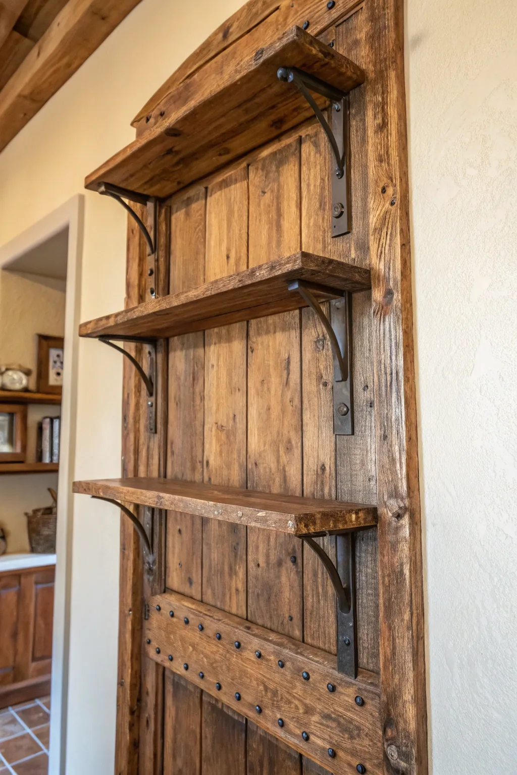 Transform history into elegance with this classic wall-mounted shelf made from an old door.