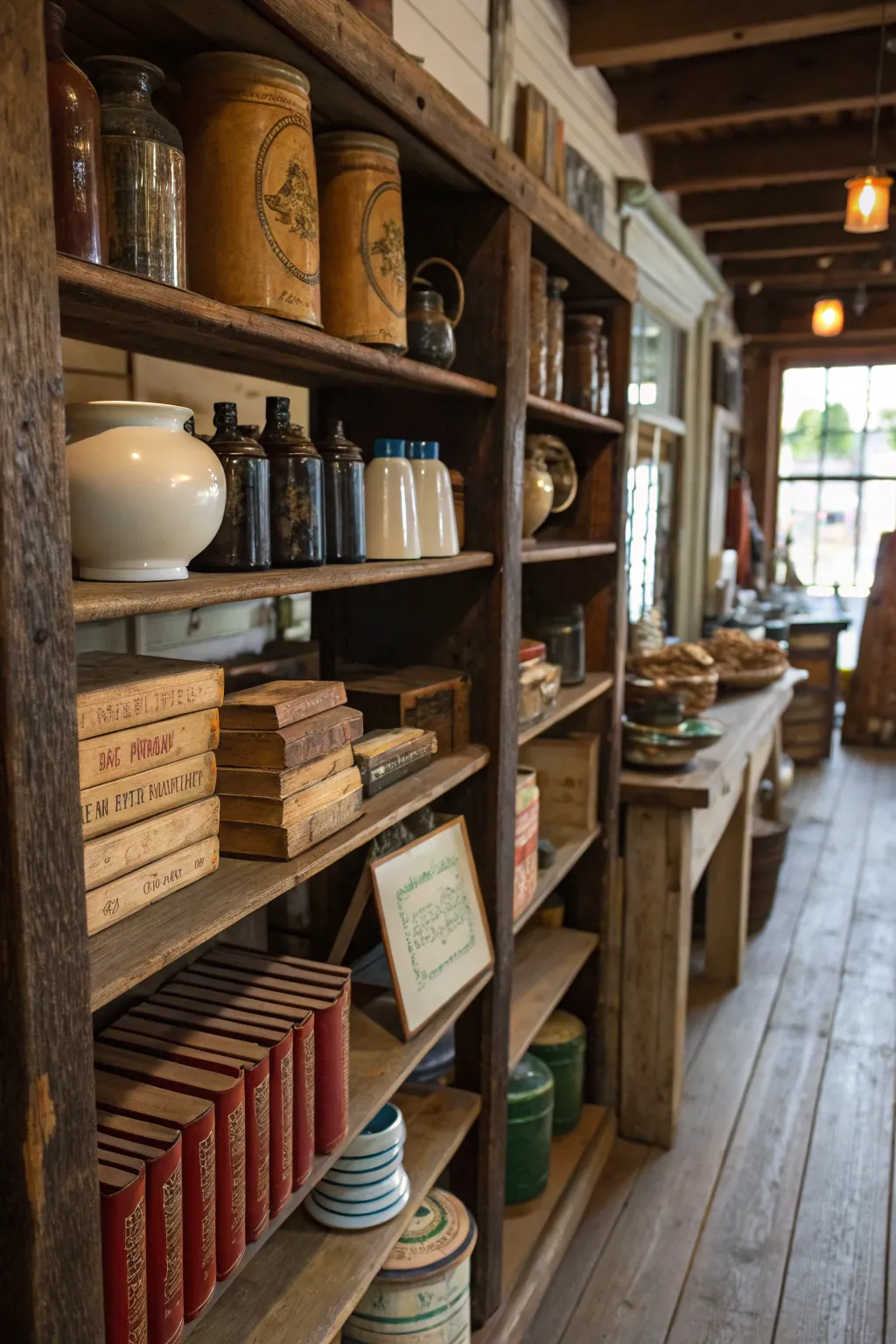 Rustic wooden shelves filled with vintage goods.