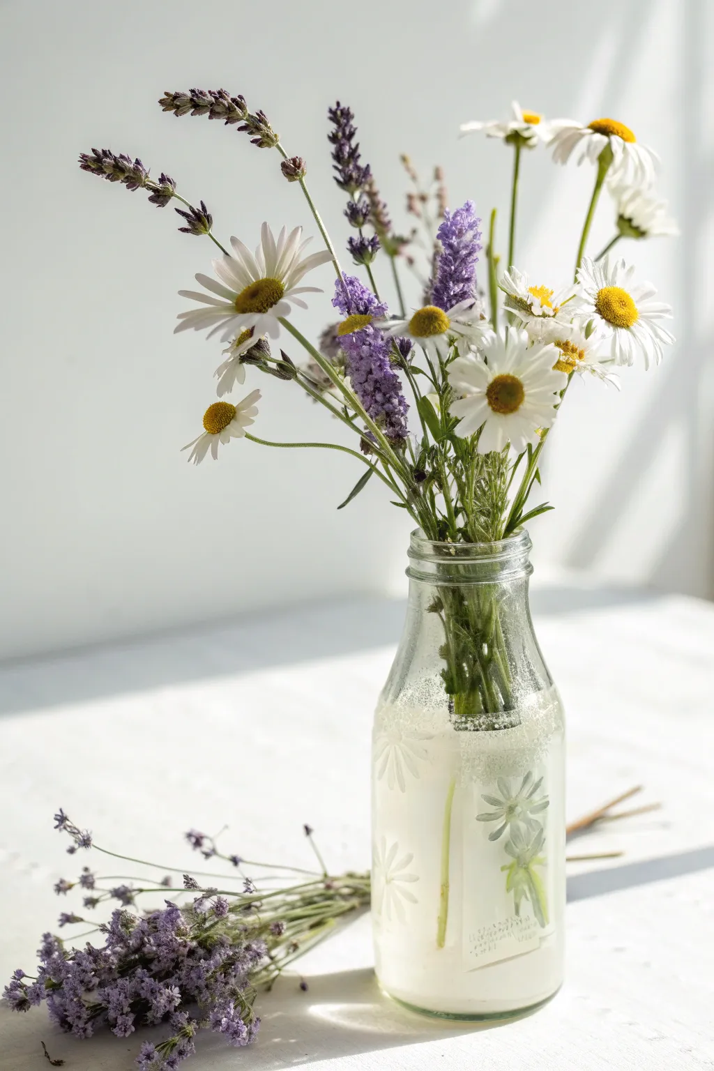 Transform vintage glass milk bottles into charming flower vases for a touch of natural beauty.