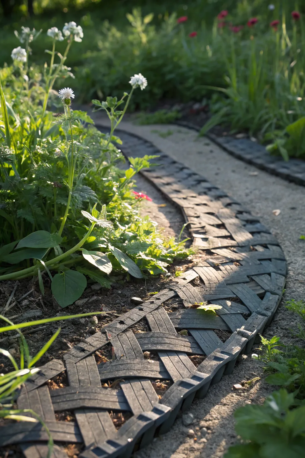 Transform your garden with a unique pathway made from repurposed trampoline mats, blending creativity with practicality.