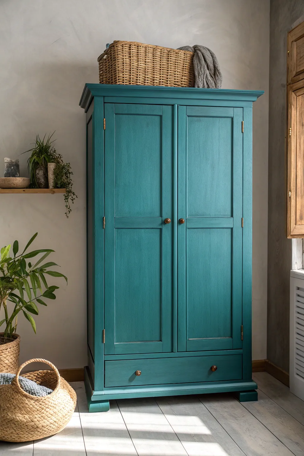 Transform your space with a bold teal wardrobe—where Scandinavian minimalism meets boho elegance.