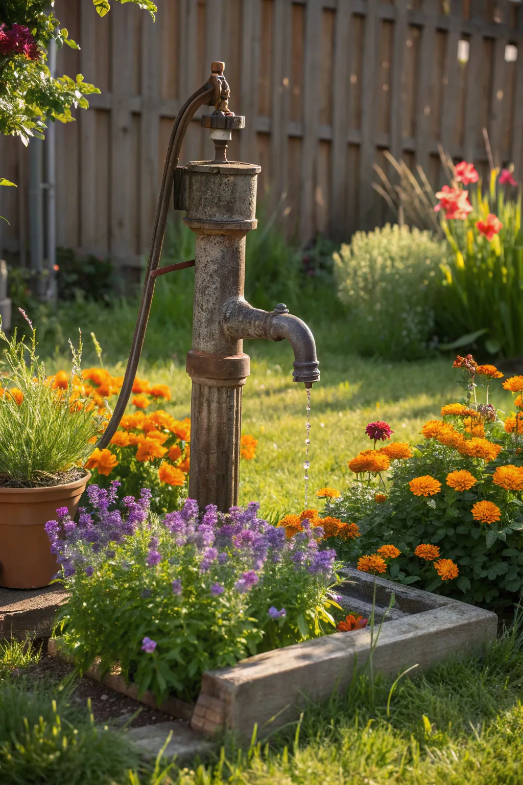 Transform your garden with the charm of a vintage water pump centerpiece.