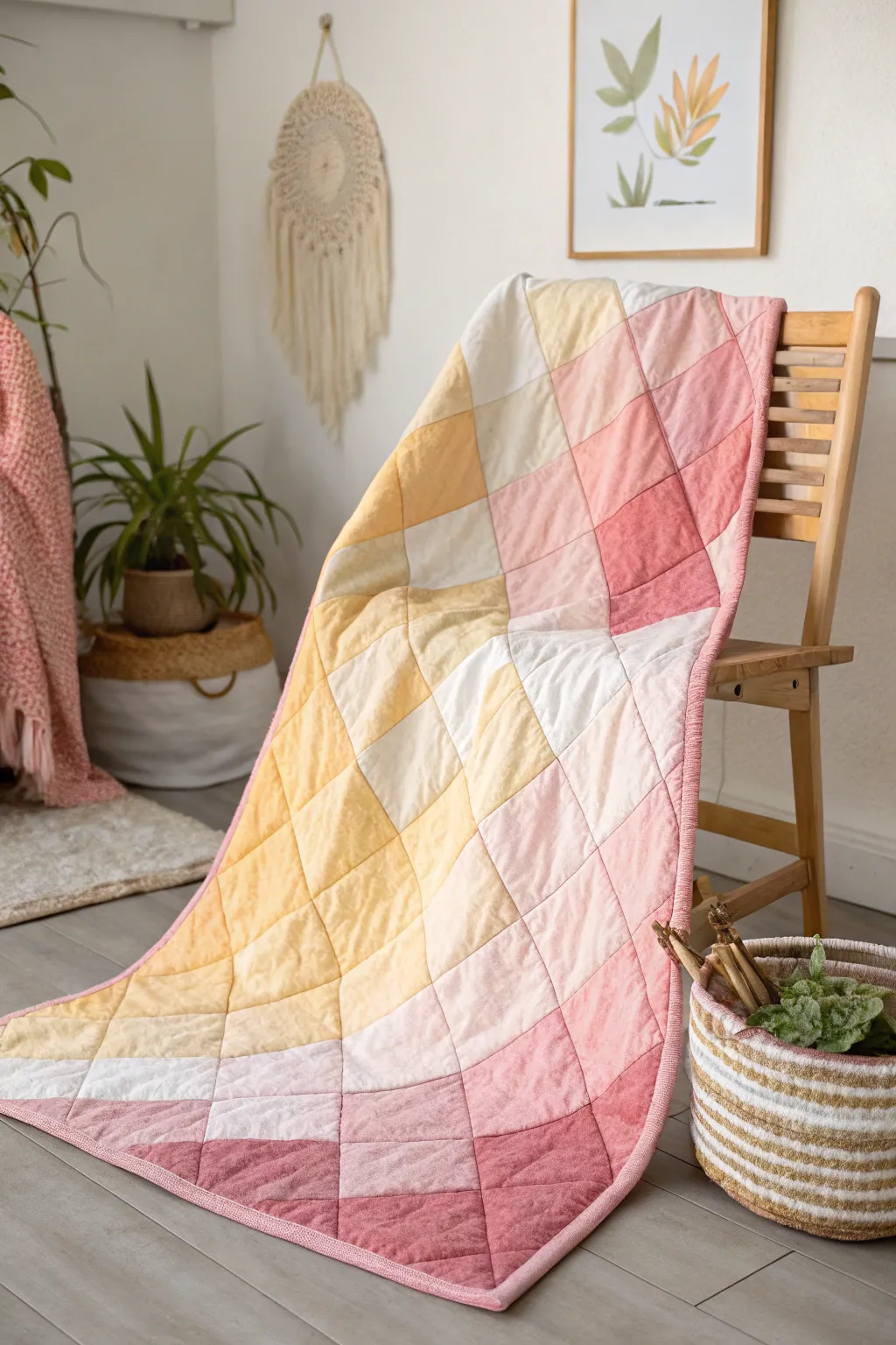 Embrace the beauty of a pastel sunrise with this ombre quilt masterpiece.