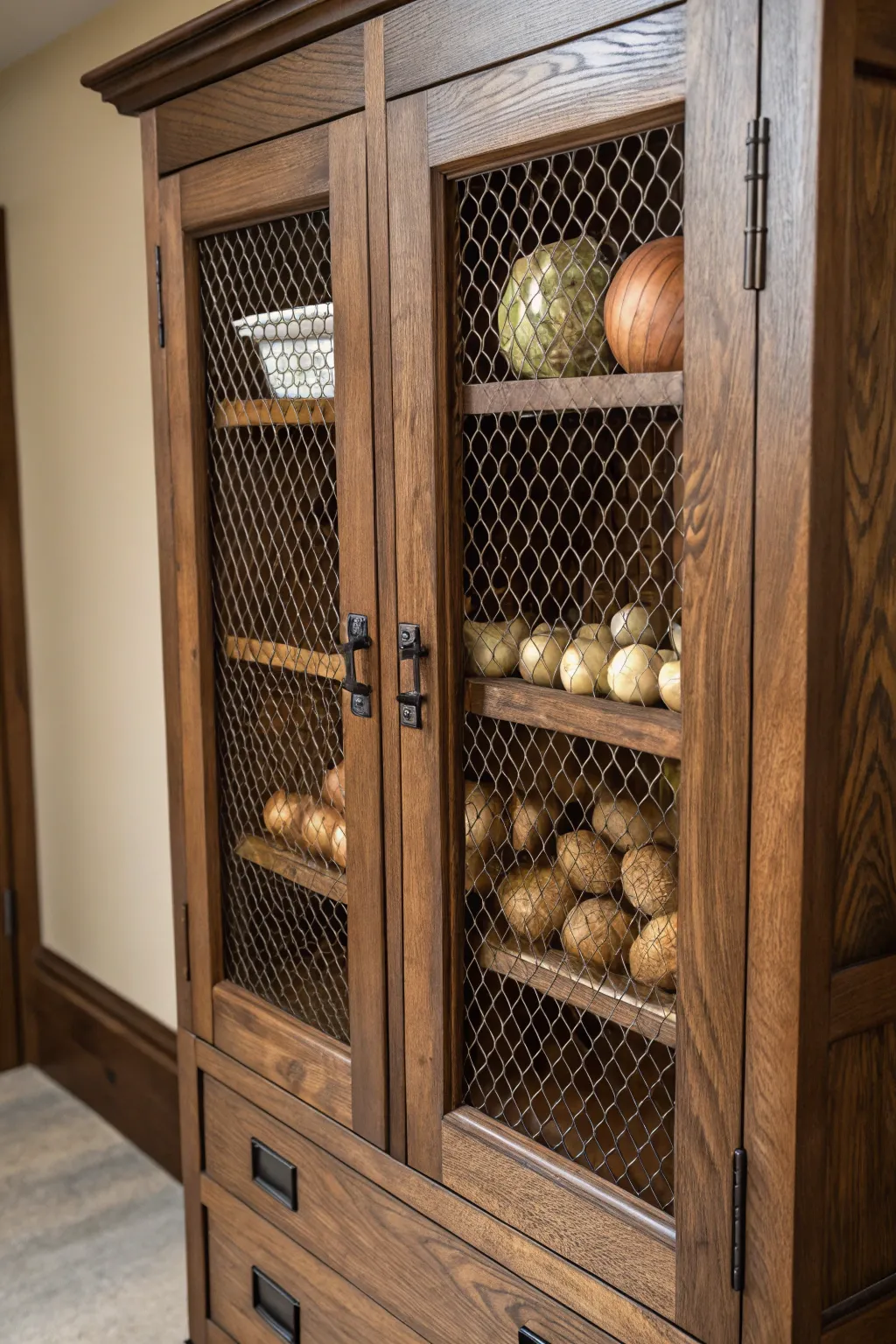 Elevate your kitchen storage with artisanal craftsmanship: ventilated wooden cabinets for perfect produce preservation.