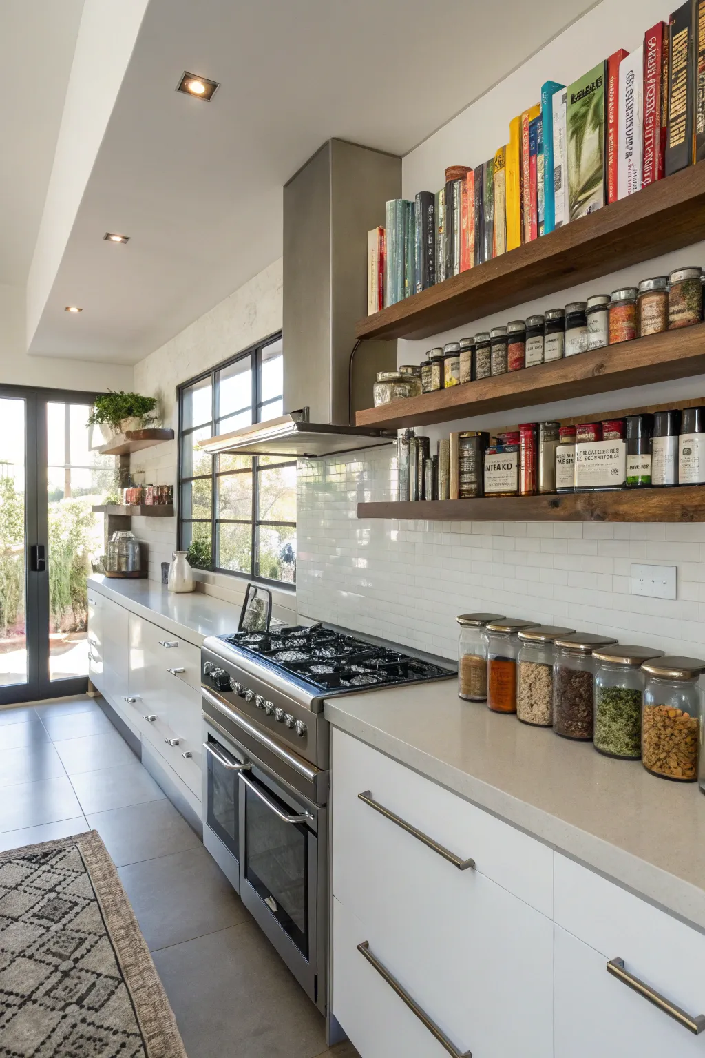 Efficient use of wall-mounted shelves in a modern kitchen
