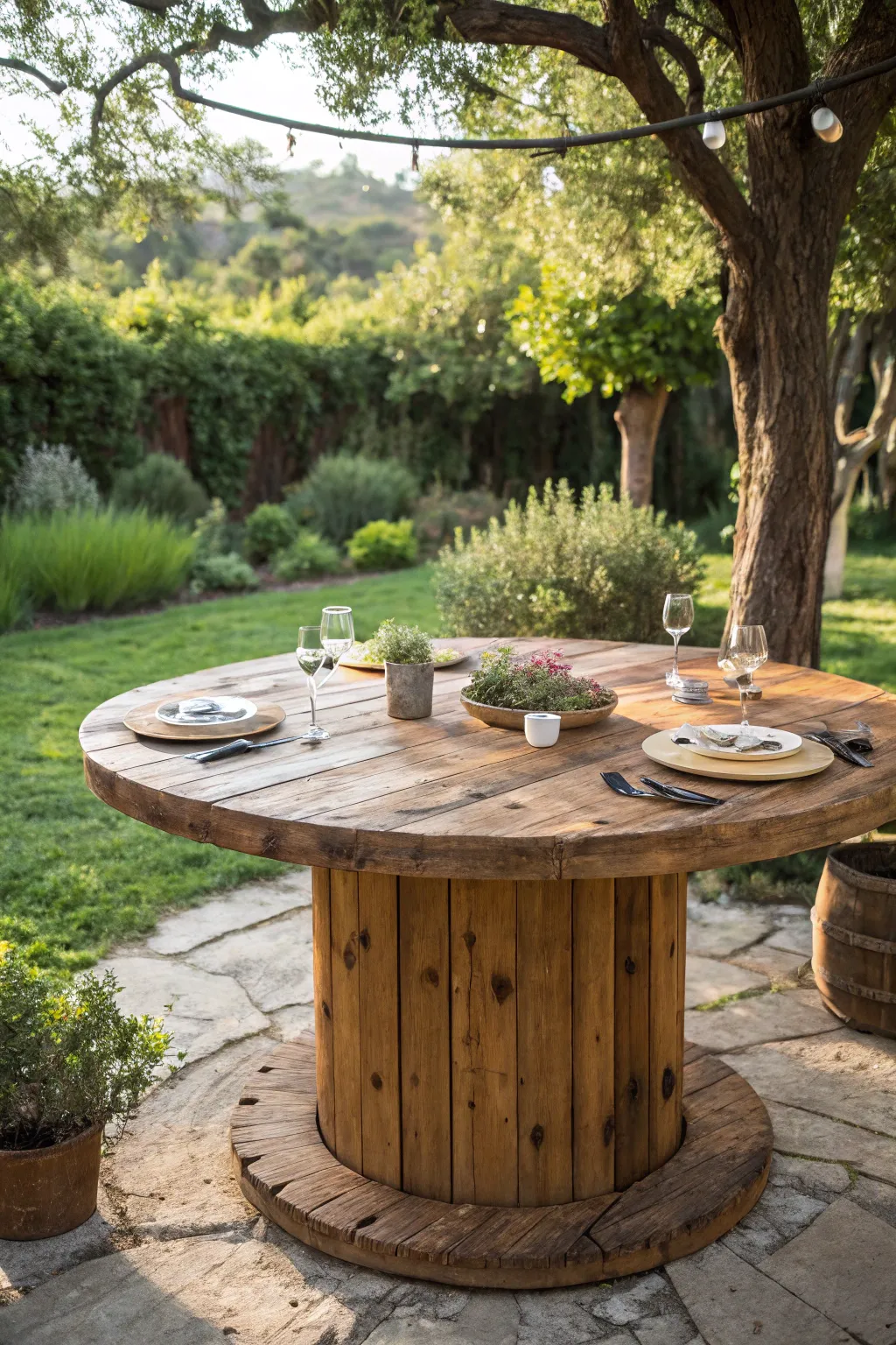Transform your patio with a rustic cable spool dining table, perfect for unforgettable summer gatherings.