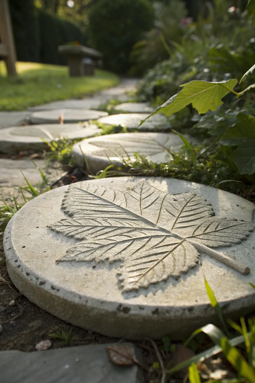 Nature's elegance captured in cement: a leaf-imprinted stepping stone for your garden path.