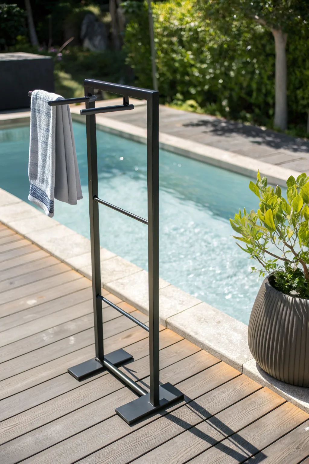 Elevate your poolside gatherings with a chic, stand-alone towel rack that blends style and functionality.
