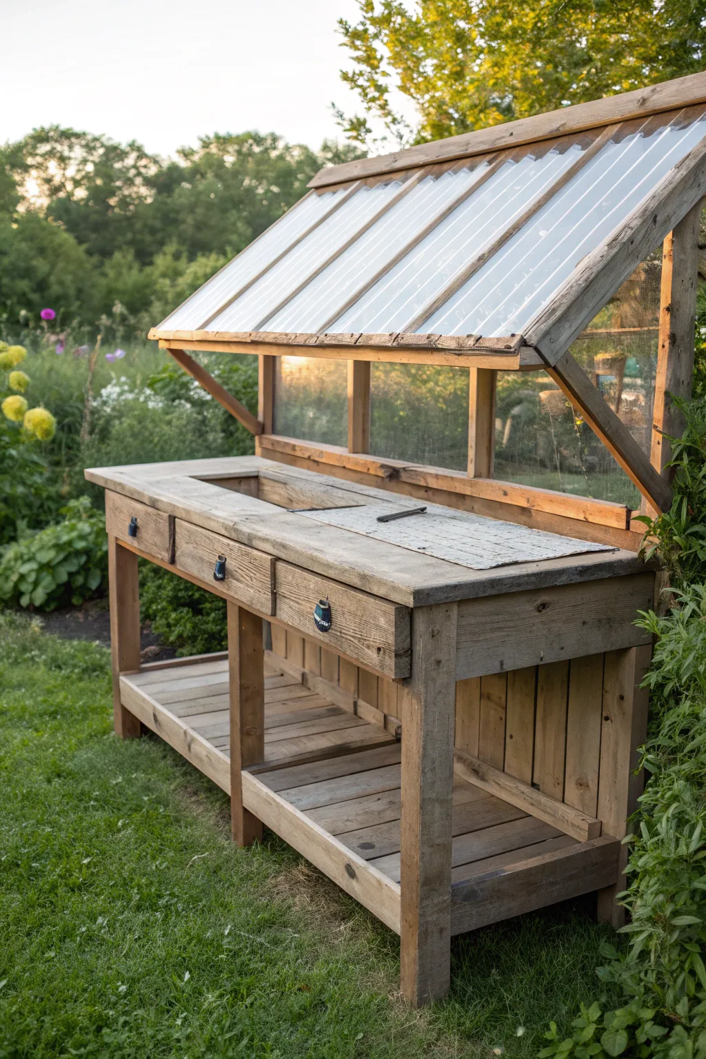 Craftsmanship meets nature: A rustic workbench under a sunlit shelter.