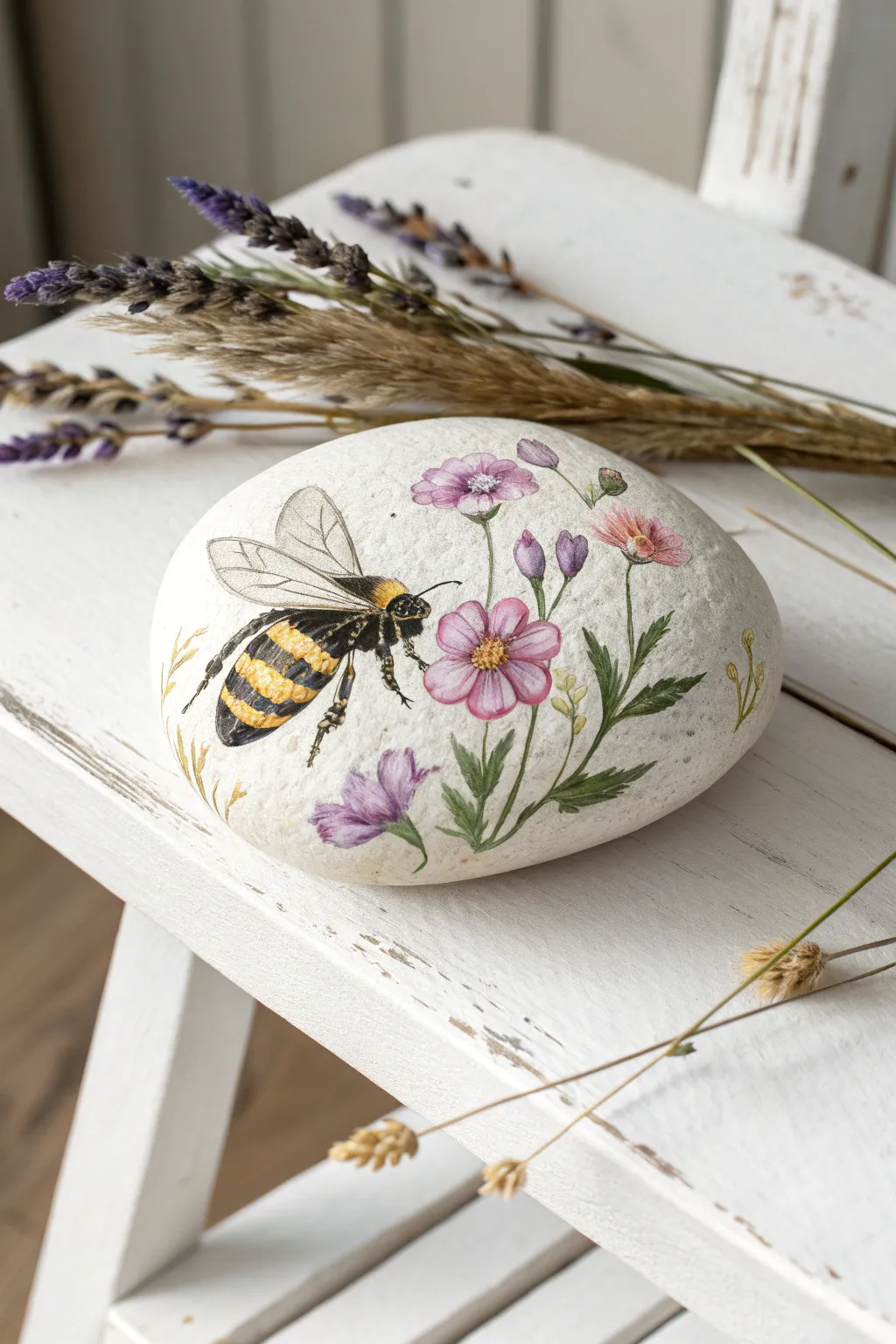Nature's artistry captured on stone: A bee and flower garden in miniature.