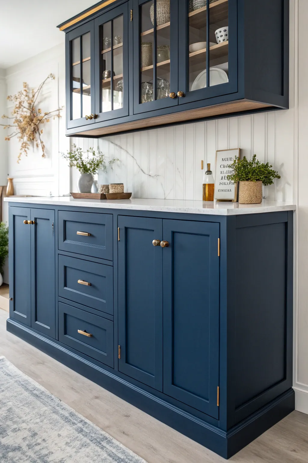 Transform your kitchen with the elegance of bold blue cabinets, where Scandinavian minimalism meets boho charm.