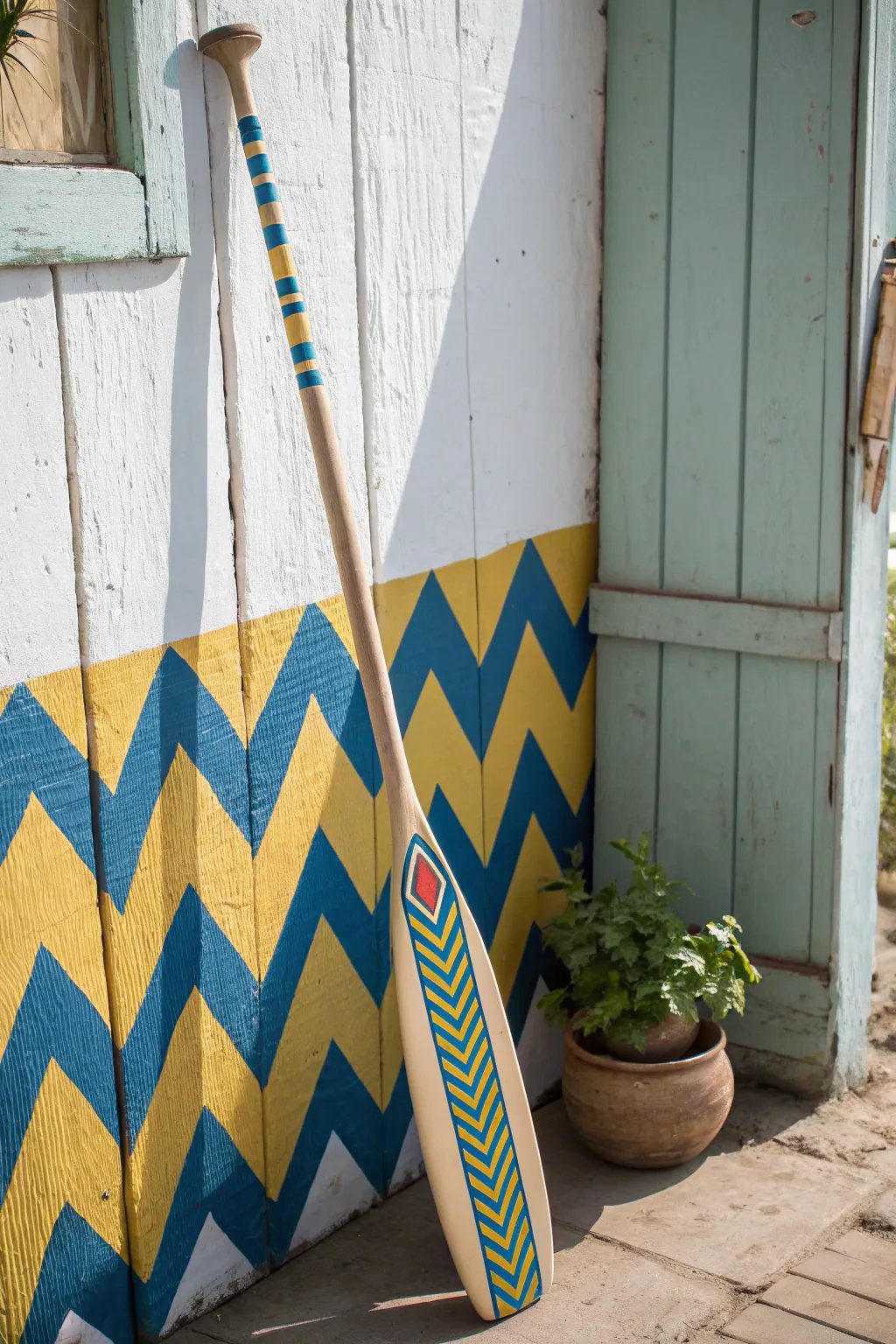Transform your space with the vibrant charm of bold geometric patterns on a handcrafted canoe paddle.