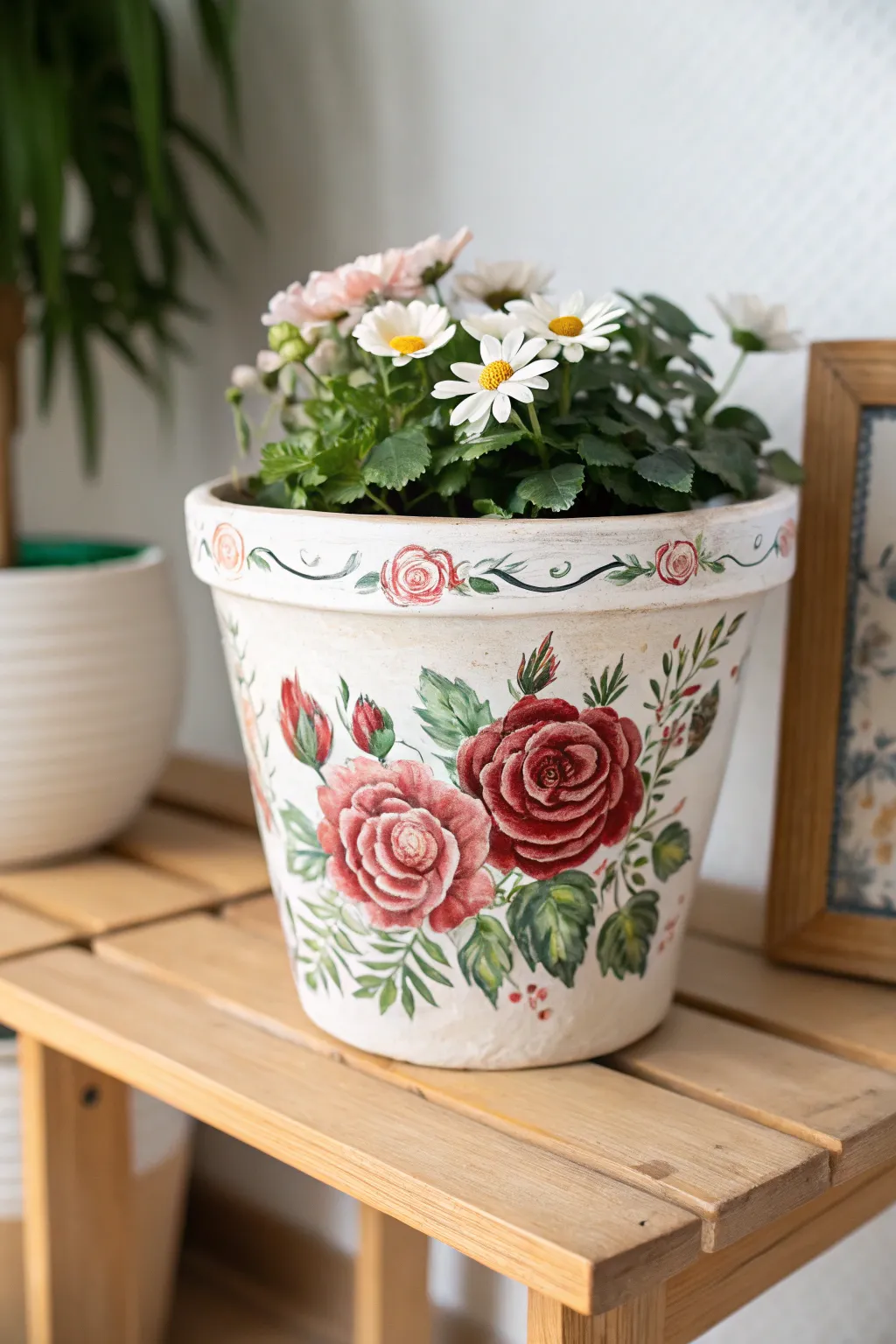 Bring a touch of garden elegance indoors with floral artistry on your clay pots.