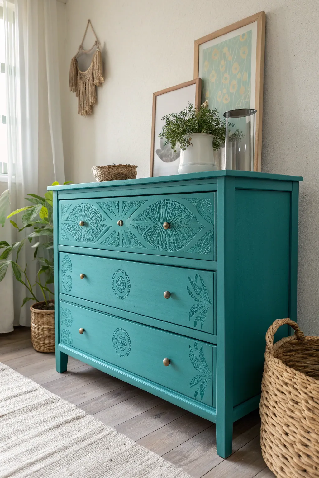 Transform your space with a bold teal chest of drawers that combines Scandinavian simplicity with a boho touch. 🌿✨ #HomeDecor #ScandiBohoStyle